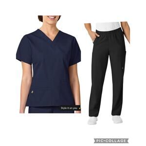 NWOT WonderWink Set Origins Bravo V-Neck Shirt/Cargo Pants Black/Blue XL PETITE